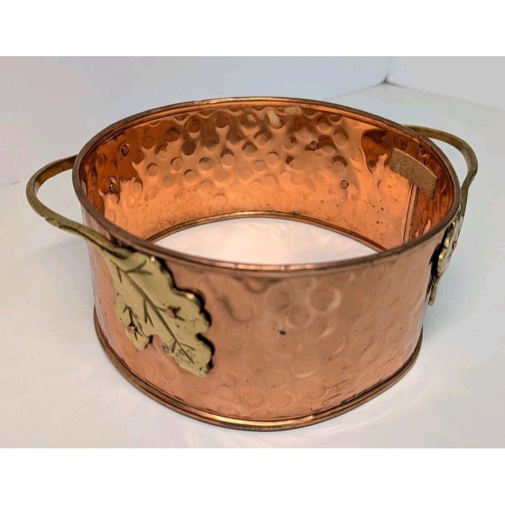 Vintage 6" Hammered Copper Casserole Dish Holder Ring Brass Oak Leaf Handles